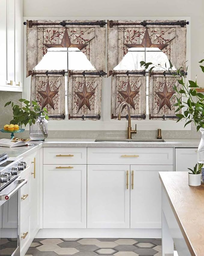 Country Star Swag Kitchen Curtains Valance and Tier Set, VintageRust Yellow