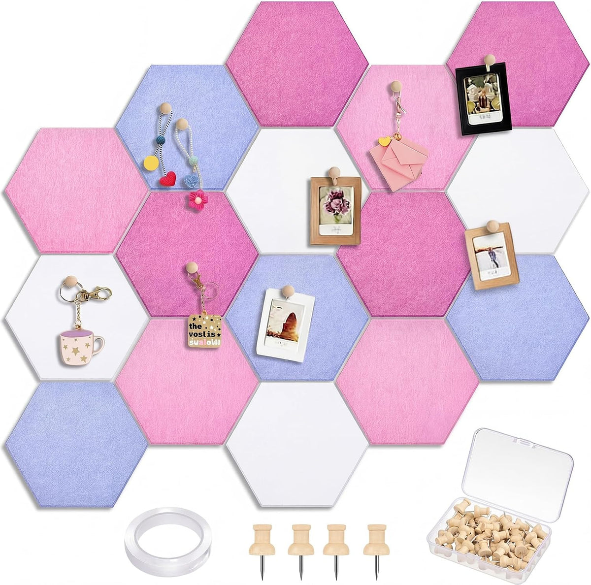 12x10 in 16 Pcs Hexagon Cork Board Tiles, Felt Pin Boards, Pink