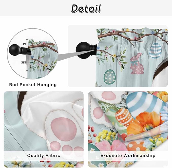 Easter Bunny Kitchen Tier Curtains 45 Inch Long 2 Panel Set, Rod Pocket Short