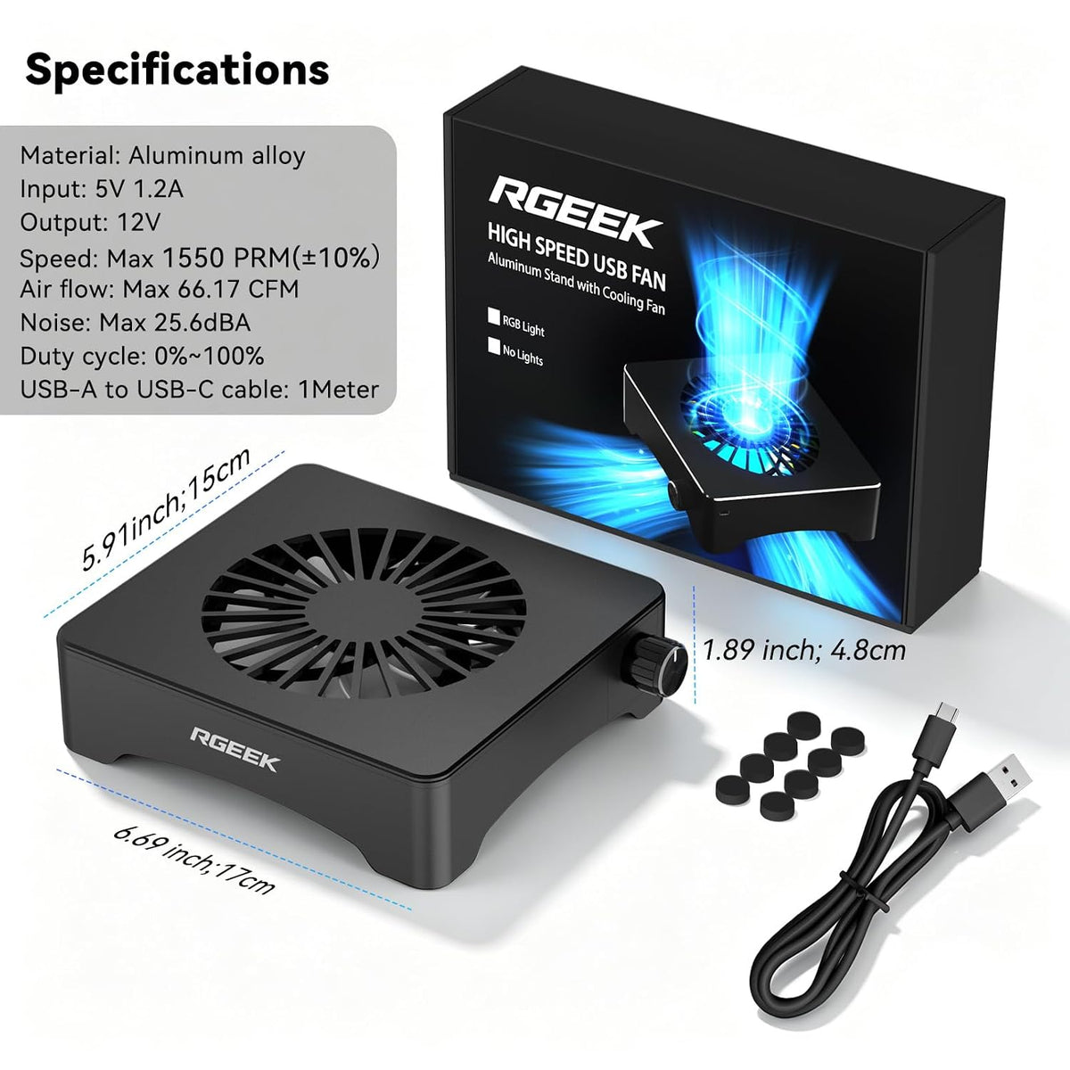Quiet USB Computer Fan, RGB Mini PC Cooling Fan Base, with Speed Controller