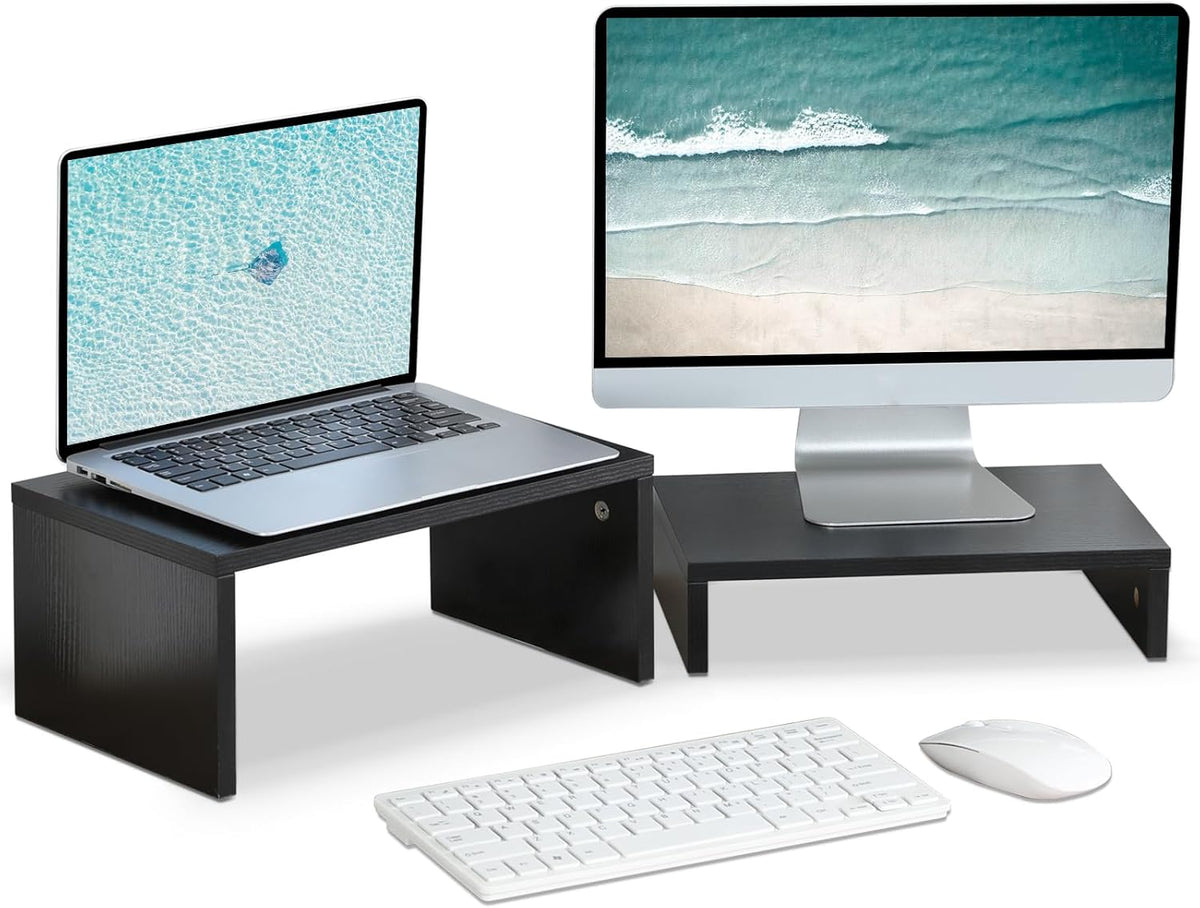 TEAMIX 2-Pack Monitor & Laptop Stand Riser,Wood High-Low Dual Monitor Setup