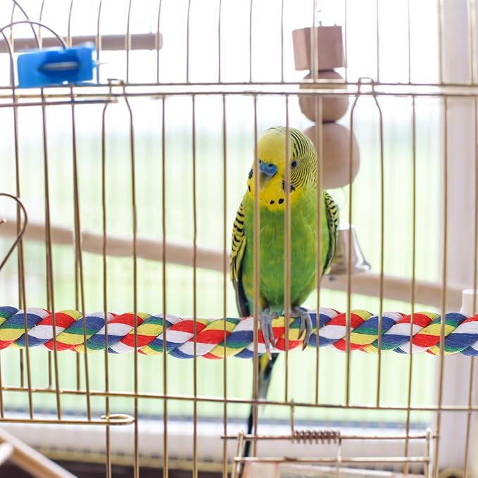 Bird Rope Perch 24 Inch, Colorful Cotton Parrot Bungee Swing, Bendable Cage Climbing Toy & Stand Accessories for Parakeets, Cockatiels, Conures, Lovebirds