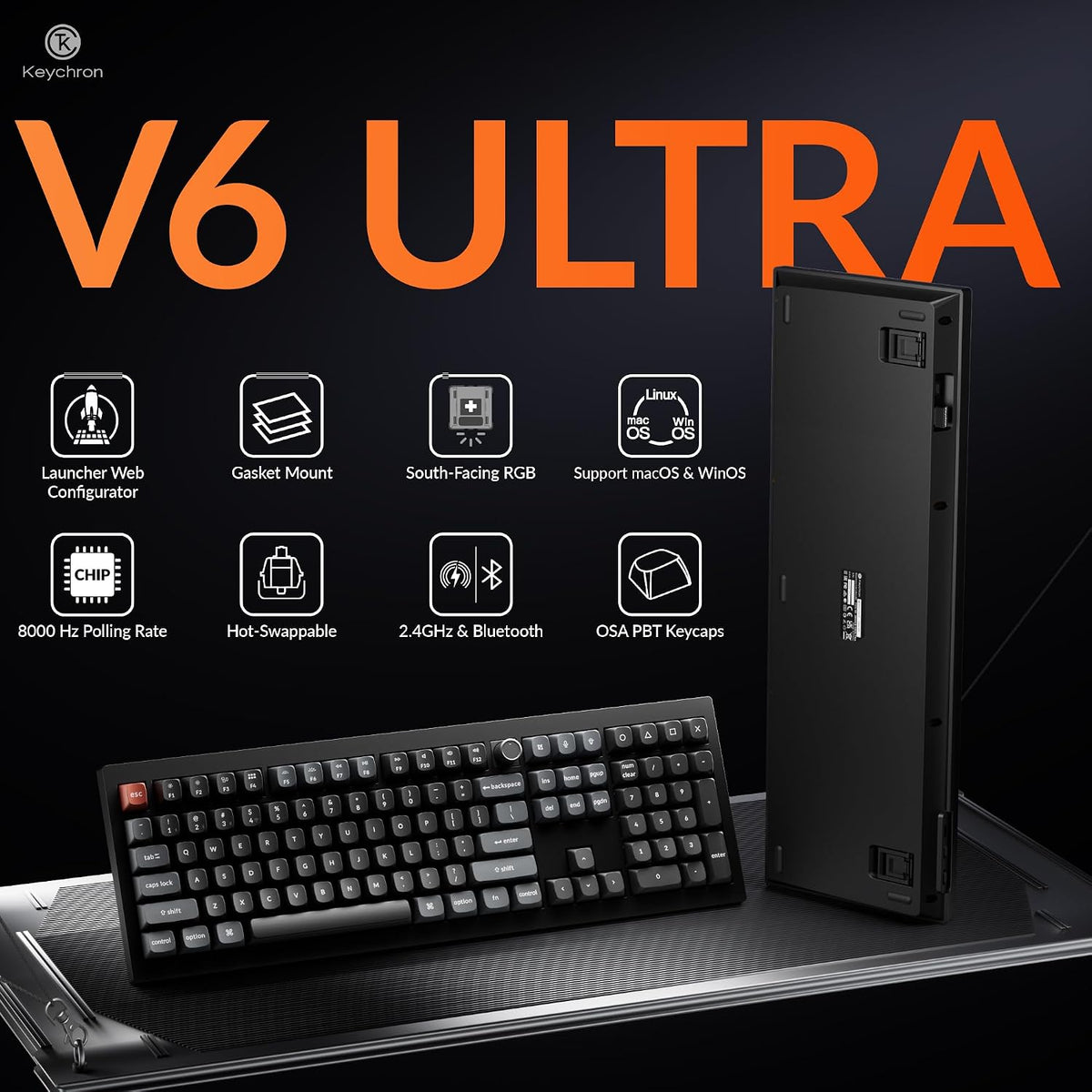 Keychron V6 Ultra 8K Wireless Mechanical Keyboard, 8000Hz Polling Rate Tri-Mode (2.4G/BT/Wired) Full Size Gaming & Office Keyboard, Hot-swappable Red Switches, ZMK/Web Launcher, for Mac/Win/Linux