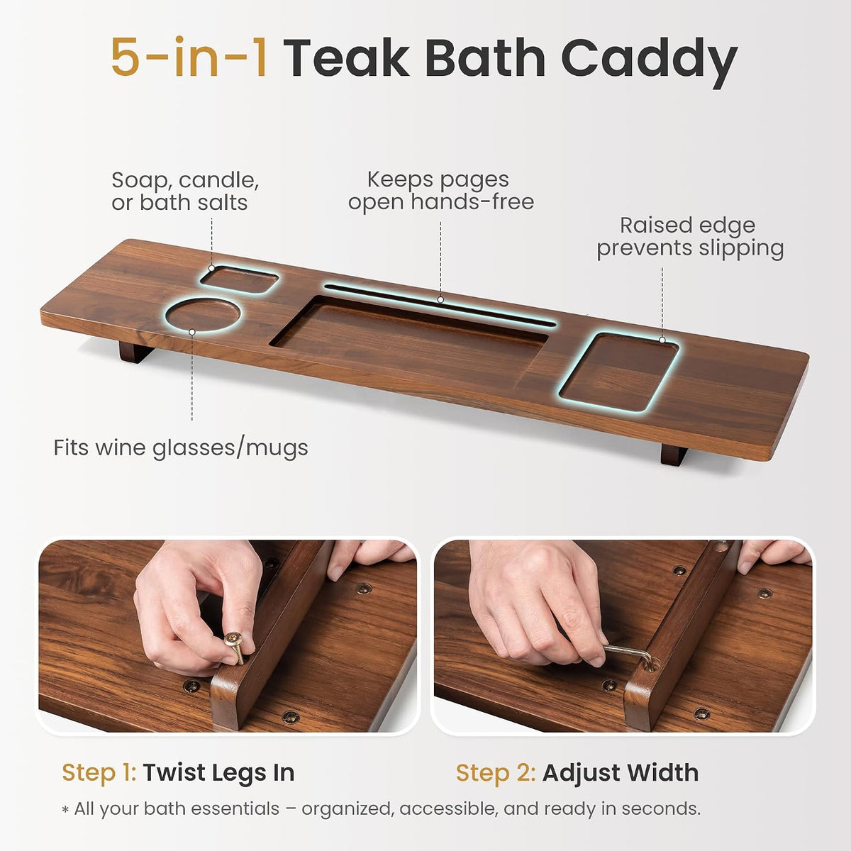 35 Inch Teak Bathtub Tray for Freestanding Tubs, Luxury Bath Caddy
