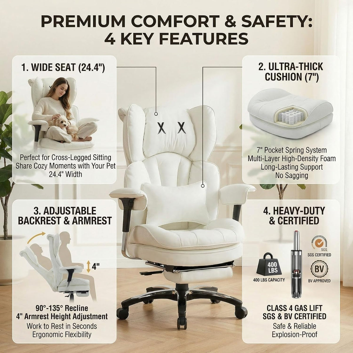 Efomao Big & Tall Executive Chair, Wide Office Chair with Footrest White-L