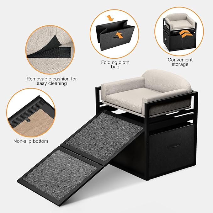Non Slip Dog Ramp with Seat & Storage Drawers,Extra Wide Doggie Stairs,Metal Frame Puppy Chair for High Bed Couch Office,Dachshunds Ladder,Washable Cushion Pet Step for Small Old Pets Khaki