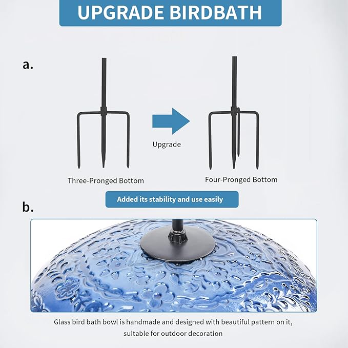 MUMTOP Bird Baths for Outdoors, Glass Birdbath Birdfeeder Bowl with Metal Stake for Outside Garden Yard Lawn Flower Style Decor