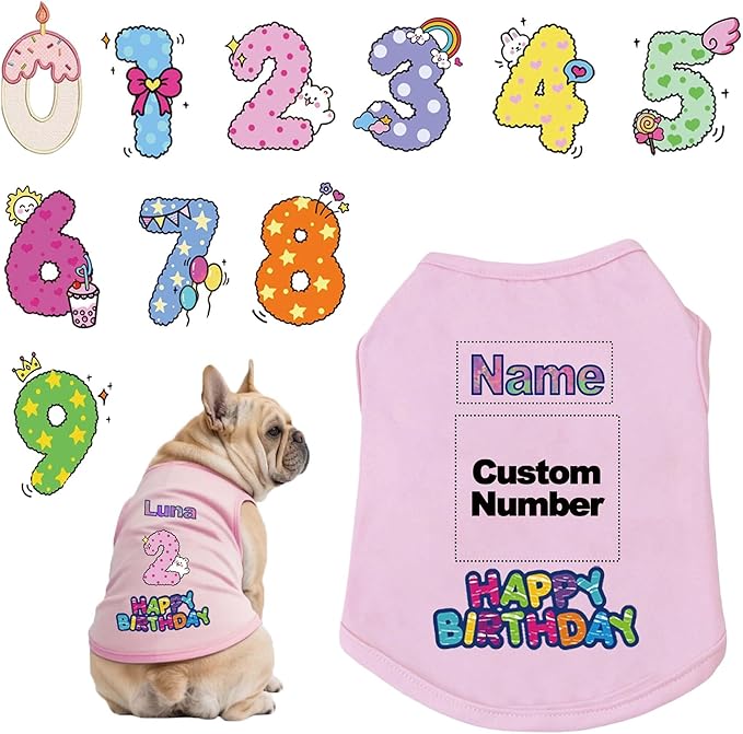 Custom Dog Birthday Shirt,Personalized Pet Apparel Print with Name Age Number,Pet Birthday Outfit,Lightweight Breathable Cotton Vest for Small Medium Large Dogs Cat (Pink, X-Small)
