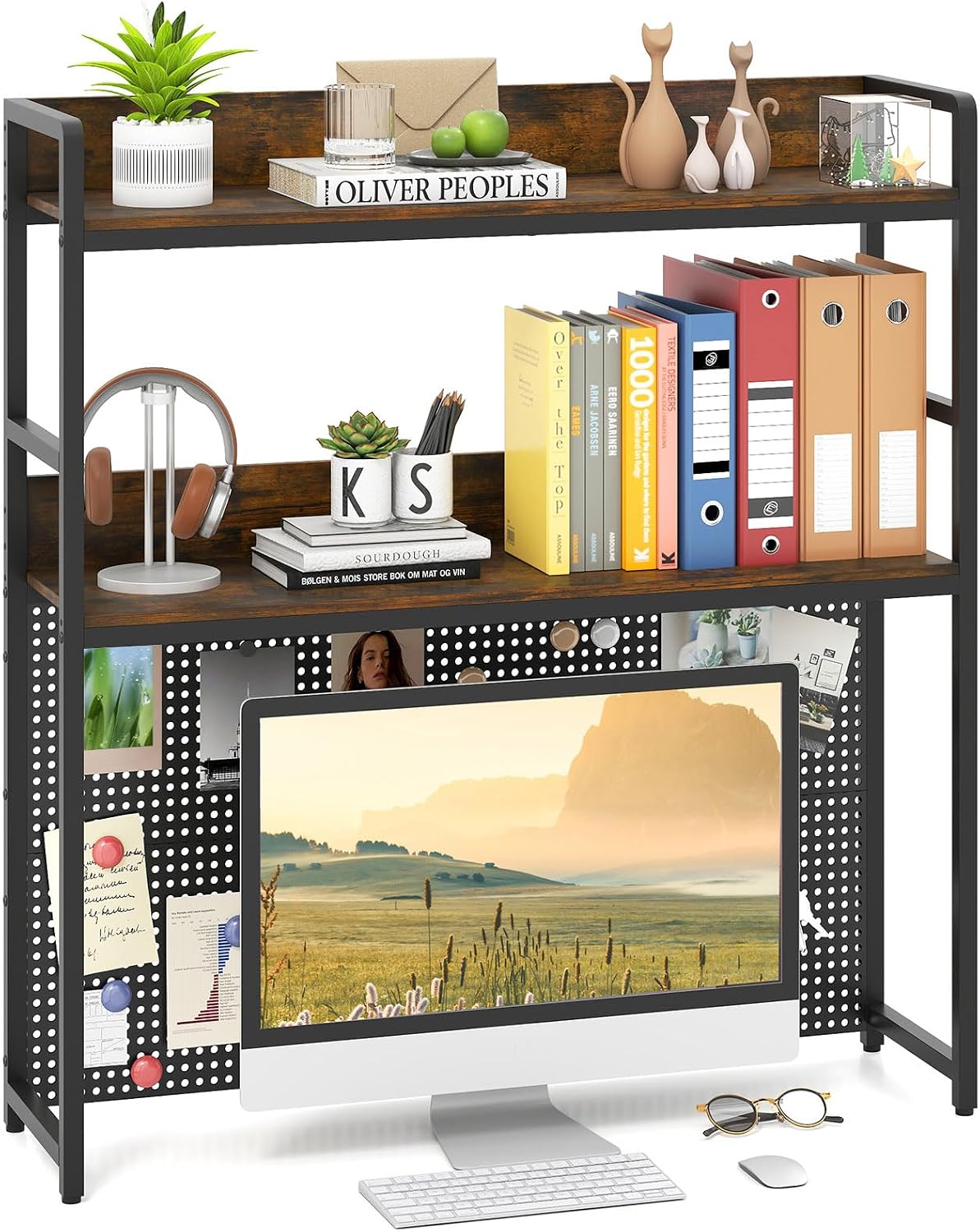 GIANTEX Desktop Bookshelf, 2-Tier Desk Hutch Dorm with Pegboard for up to 32" Computer Monitor, Industrial Countertop Storage Organizer Rack, Desk Shelf for Home Office, Rustic Brown