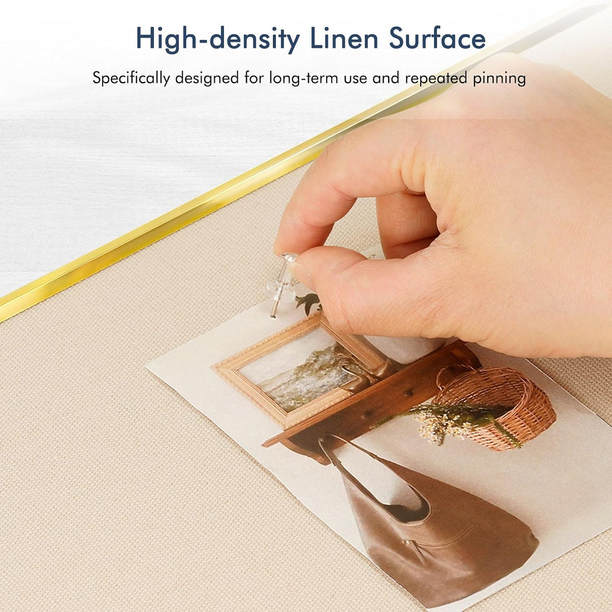 DOLLAR BOSS Linen Bulletin Board, 36'' x 24'', Golden Frame, Beige Brown