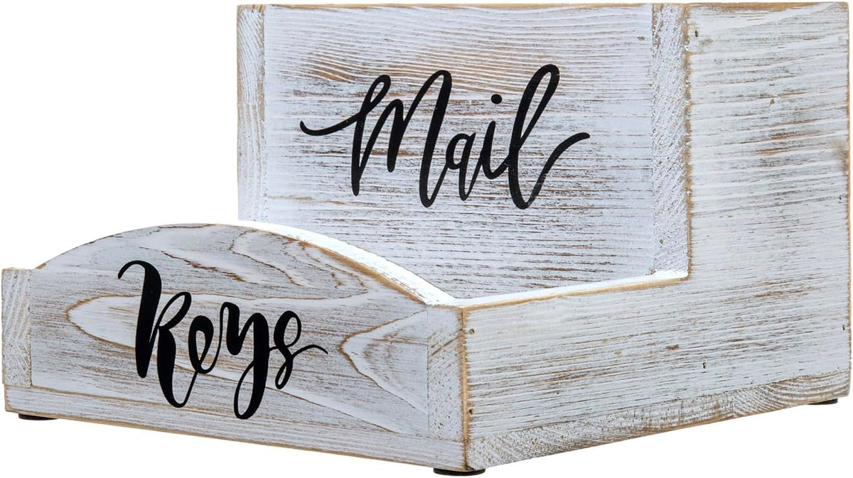 MyGift Whitewashed Wood Mail & Key Holder, Rustic Entryway Organizer