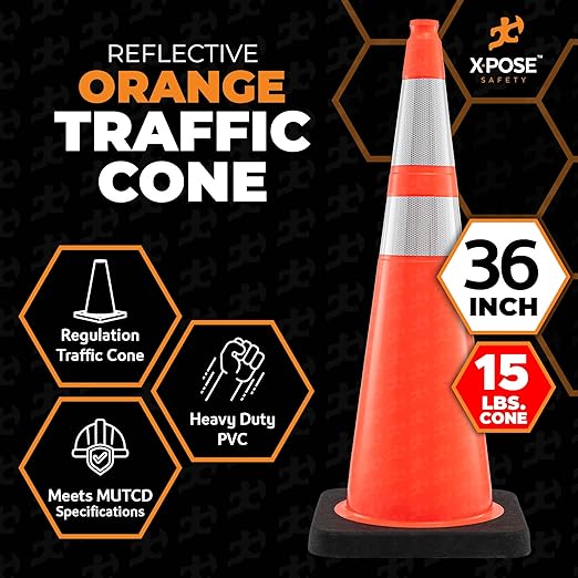 Xpose Safety 36 Inch Orange Traffic Cones Heavy Duty 15lb 6" & 4" Collar - Bulk Full Pallet 138 Pack - Multipurpose PVC Plastic Safety Cone Parking, Soccer, Caution & Construction - DOT Approved