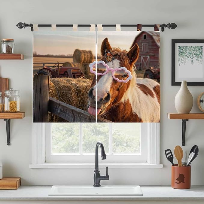 Farm Horses Kitchen Curtains 45 Inch Length, Short Cafe Window Curtains Tab Top