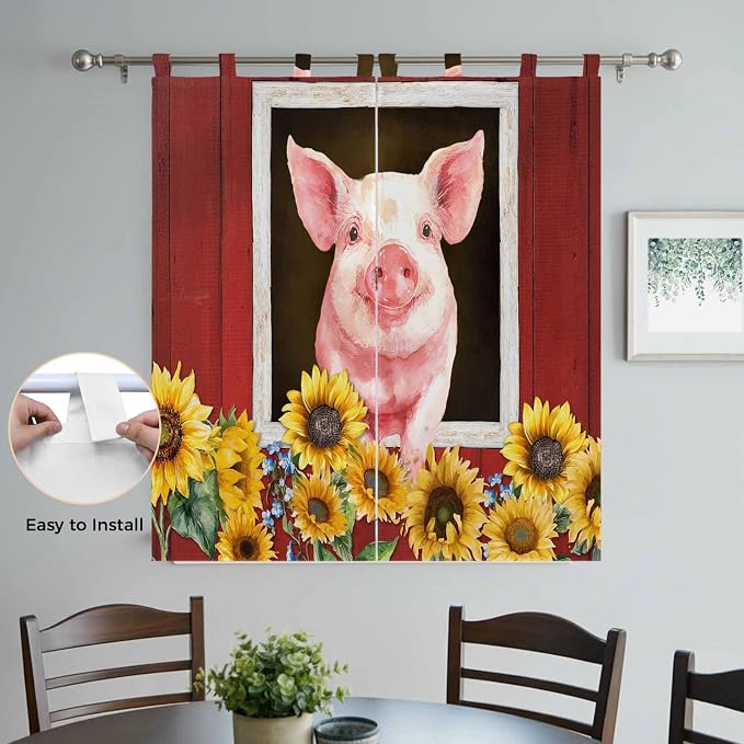 Pigs Sunflowers Bathroom Curtains 63 Inch Length, Window Curtains Tab Top