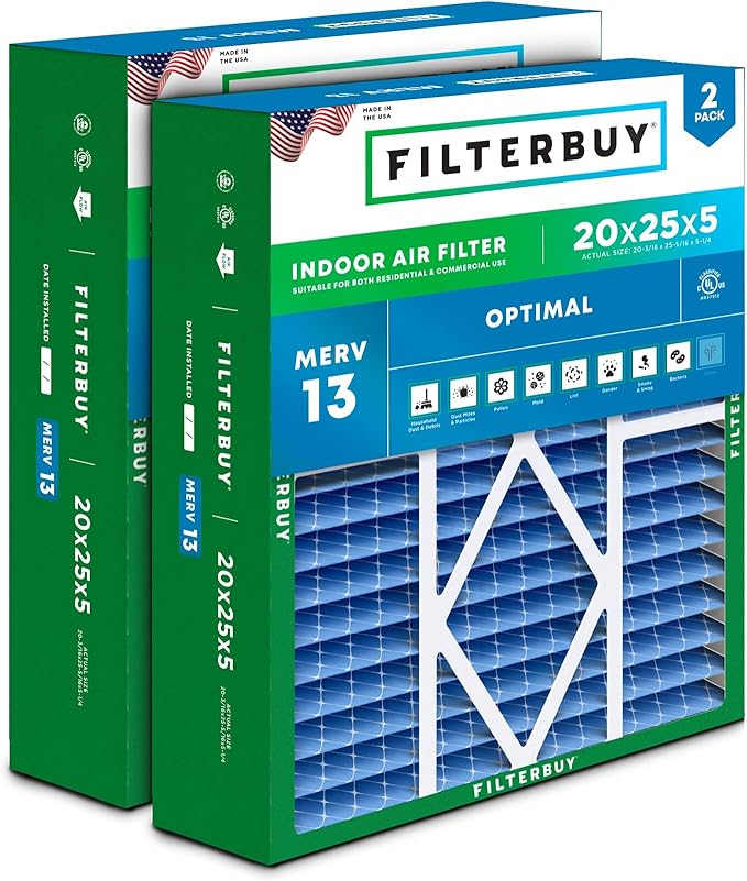 Filterbuy 20x25x5 Air Filter MERV 13 Optimal Smoke & Allergy Defense, Pleated