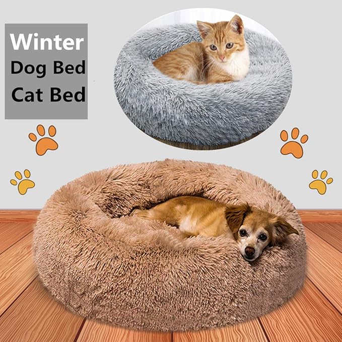 huraty Plush Dog Bed for Small Medium Dogs, Fluffy Donut Round Pet Cat Beds, Anti-Slip & Anti-Anxiety, 24 Inch for Puppy and Kitties, Teal, M
