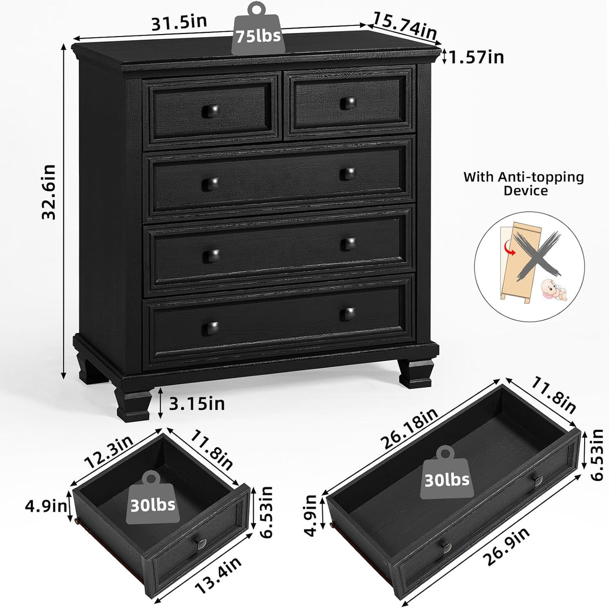 SAVOR LIFE Farmhouse 5 Drawer Dresser for Bedroom, 32.6 Inch Tall Vintage Wood Chest of Drawers, Rustic Small Dressers w/Square Solid Wooden Legs, Mid-Century Storage Organizer for Living Room, Black