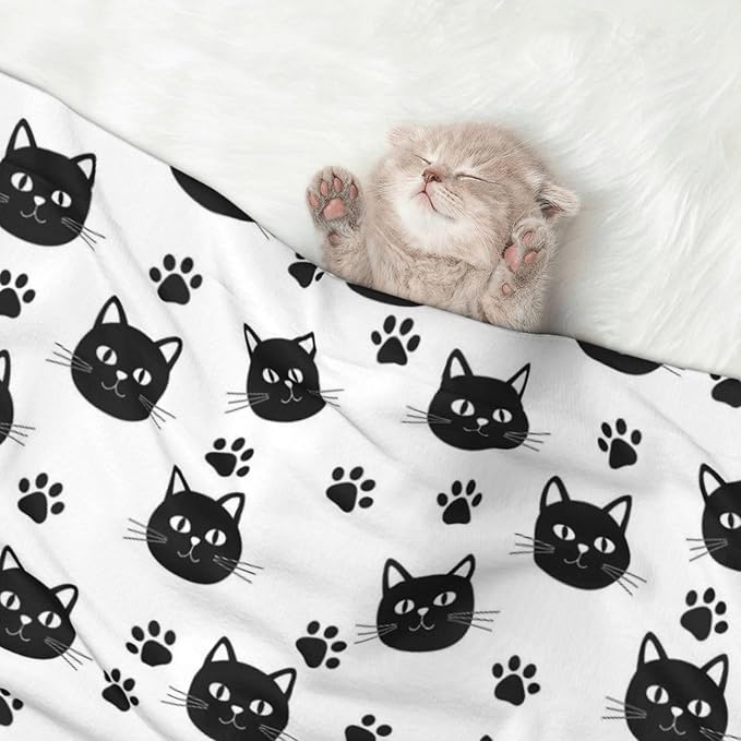 Reversible Plush Throw for Dogs and Cats, Black Cats and Cat Paws, Double Sided Blanket with Nubby Dot Side and Sleek Side Ideal for Cuddling Nesting Security