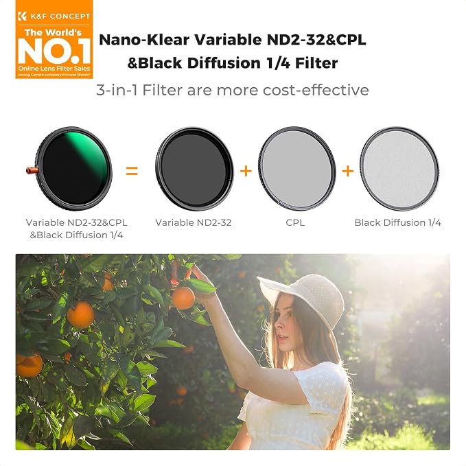 K&F CONCEPT 43mm Black Diffusion Mist Effect 1/4 & Variable ND2-32 & Circular