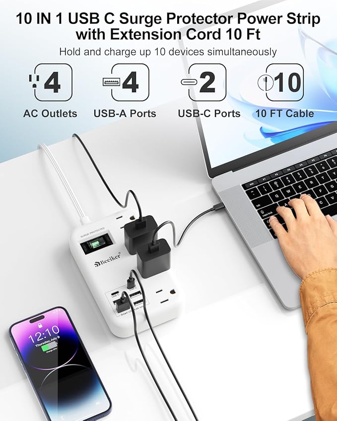 6 USB(2 USB C) Surge Protector Power Strip- 10 Ft Extension Cord with 24W USB Charging Station and 4 Outlets, Long Flat Extension Cord with Multiple Outlets for Travel Home Office Dorm White