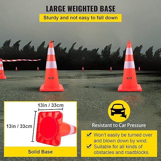 VEVOR Safety Cones, 12 x 28" Traffic Cones, PVC Orange Construction Cones, 2 Reflective Collars Traffic Cones with Weighted Base and Hand-Held Ring Used for Traffic Control, Driveway Road Parking