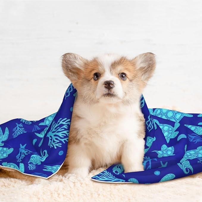 Double Sided Pet Mat for Dog Bed Topper Cat Blanket Furniture Protector, Watercolor Blue Sea Turtle, Reversible Plush with Tactile Dot Pattern for Style Change