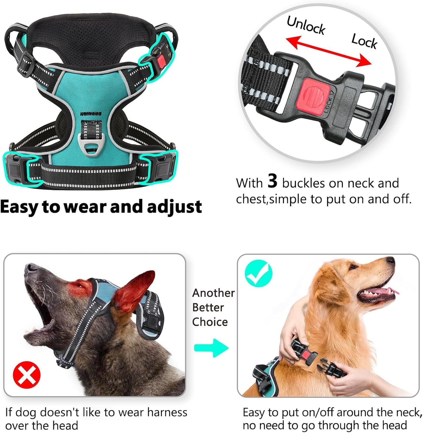 Timos No Pull Dog Harness, Release at Neck Reflective 3 Snap Buckles Adjustable No Choke Pet Vest with Front & Back 2 Leash Clips, Soft Padded Control Training Handle for Small Medium Large Dogs