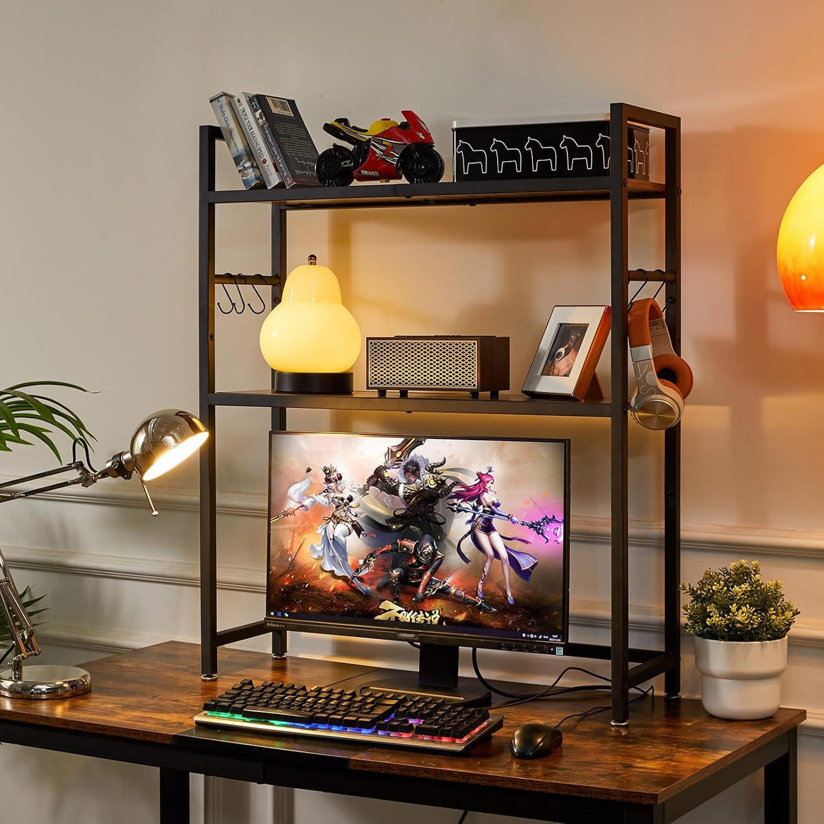 IBUYKE Office Desktop Shelf Organizer Computer Storage Rack Adjustable Desk Bookshelf Display Shelf for Office Home Dormitory,Brown UTMZ004H