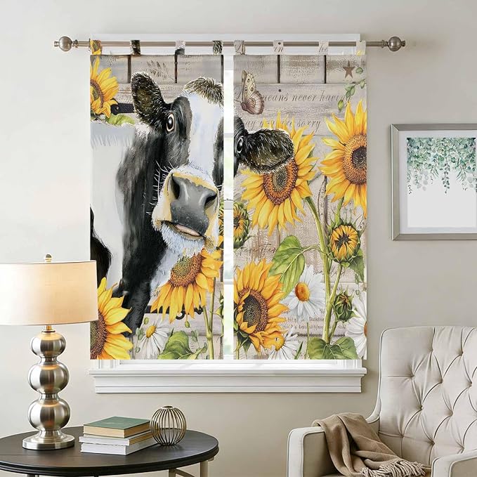 Yellow Sunflowers Bathroom Curtains 63 Inch Length, Window Curtains Tab Top