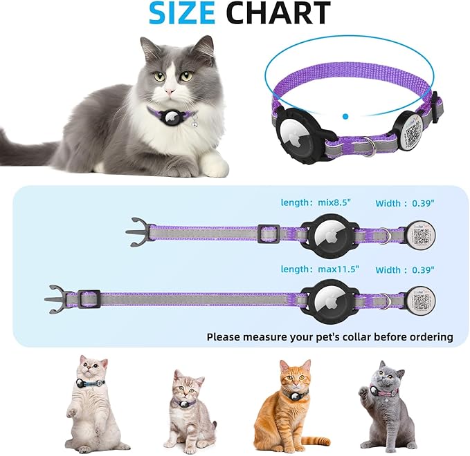 Airtag Cat Collar Breakaway with QR Code Name Tag, Reflective cat Collar airtag Holder with Bell, Cat ID Tag Personalized, Ultra-Durable, Adjustable, Quick Release, Fits Small Large Cats, Purple