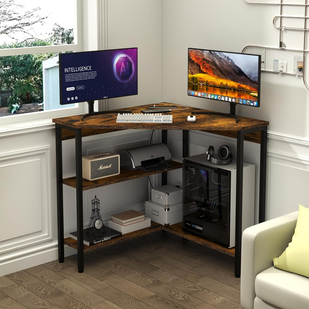 Triangle Corner Desk with Power Outlets, Storage Shelves for Small Space