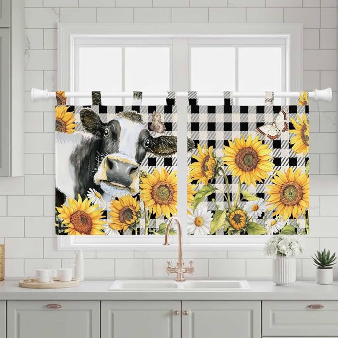 Retro Sunflowers Kitchen Curtains 24 Inch Length, Small Window Curtains Tab Top