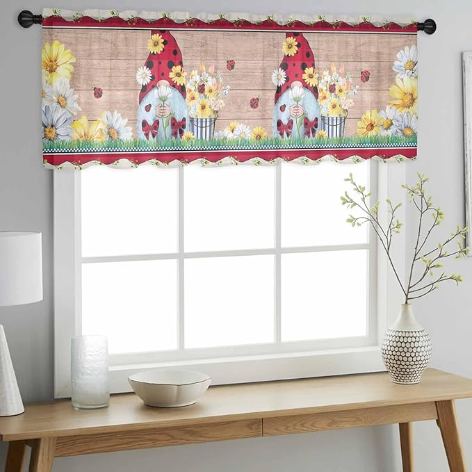 Ladybug Gnome Sheer Valance Curtains, Country Summer Rustic White Yellow Daisy