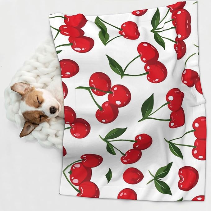 Cherry Print Soft Plush Pet Blanket, Washable Dog Blanket, Cat Fleece Throw, Puppy Bed Crate Mat & Sofa Couch Protector - Medium