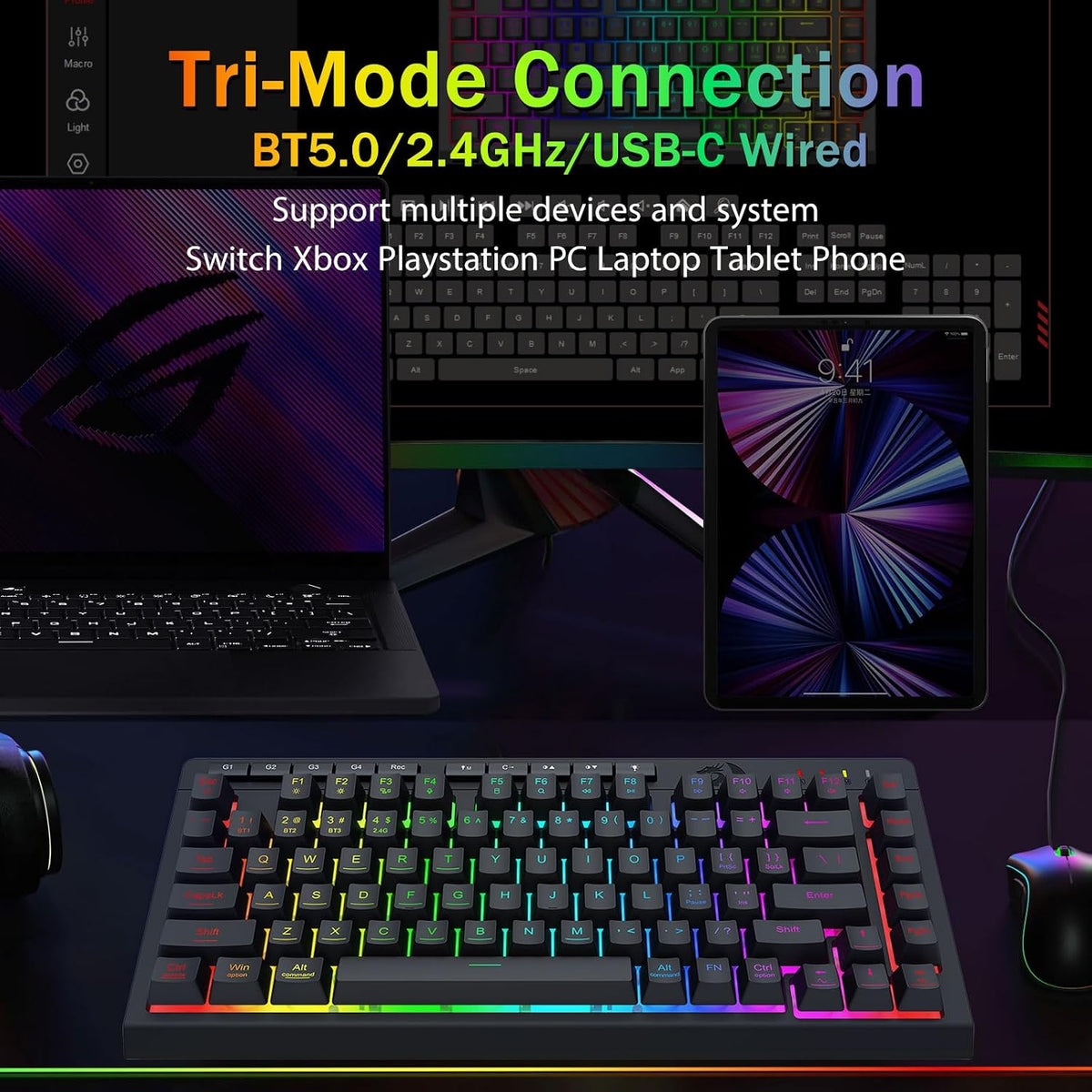 Redragon Wireless Gaming Keyboard, RGB Backlit, Portable 75% Design, Black