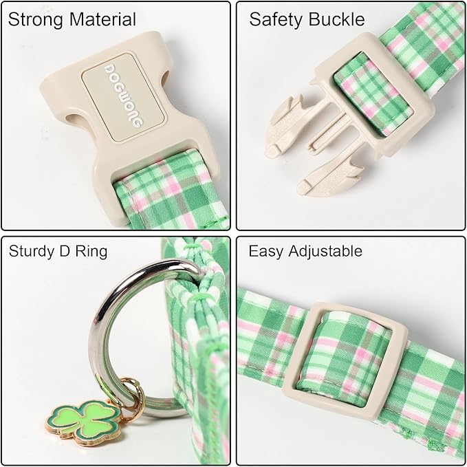 DOGWONG Pink Plaid Adjustable Pet Collar Comfortable Spring Summer Puppy Collar Cute Cotton Collars Durable Necklace Gift for Small Dogs,M