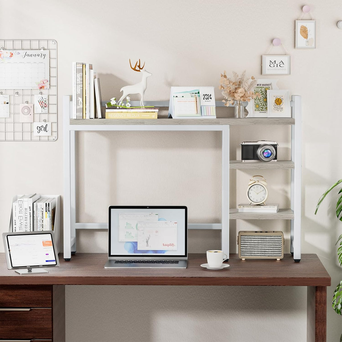 Desk Hutch with Colorful RGB Lights, 4 Tier Desktop Shelf for Max 28" Computer Monitor, Desk Organizer Shelf for Tidy Storage Display, Desktop Bookshelf for Home, Office, Dorm, Gaming Table, Kitchen
