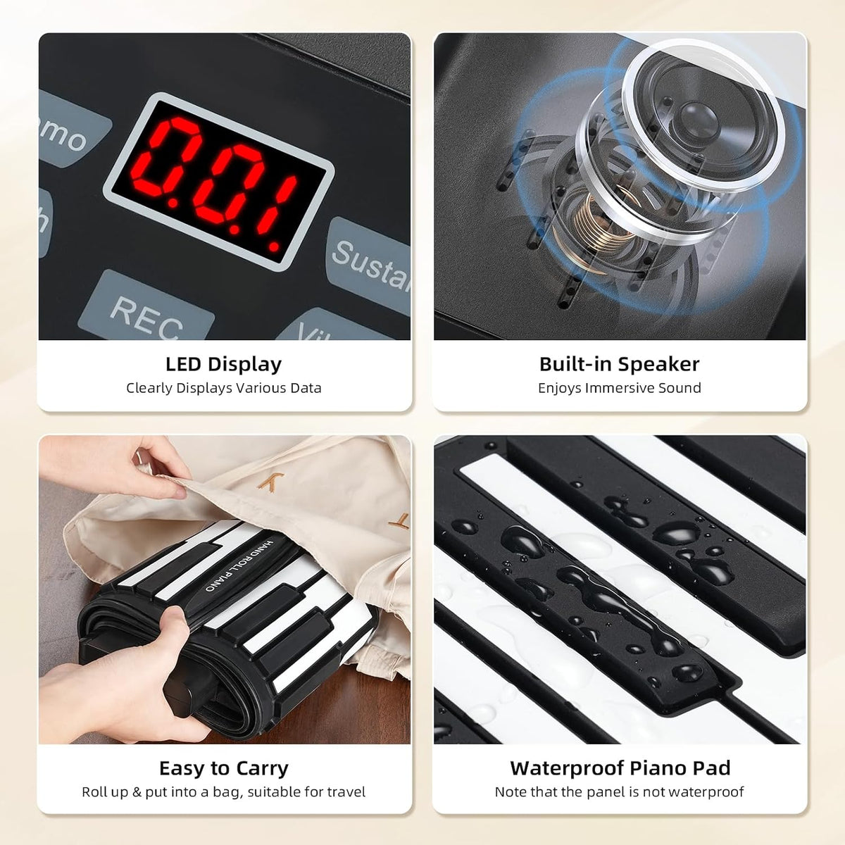POGOLAB 61 Keys Roll Up Keyboard Piano, Portable Electric Foldable Piano with LED Display, Rechargeable & USB-MIDI Output, Built-in 15 Demos, 128 Tones, 128 Rhythms, Music Gift for Beginners