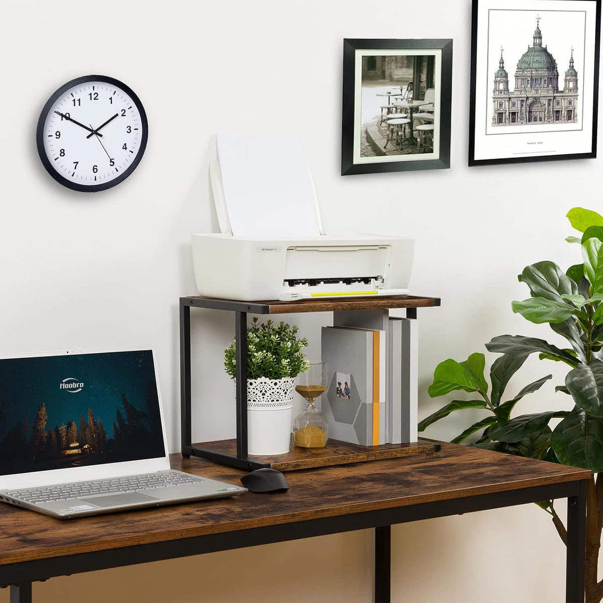 HOOBRO Under Desk Printer Stand, 2-Tier Industrial Printer Cart with Storage Shelf, Mobile Machine Holder Table Stand, for Home and Office, Rustic Brown and Black BF42PS01