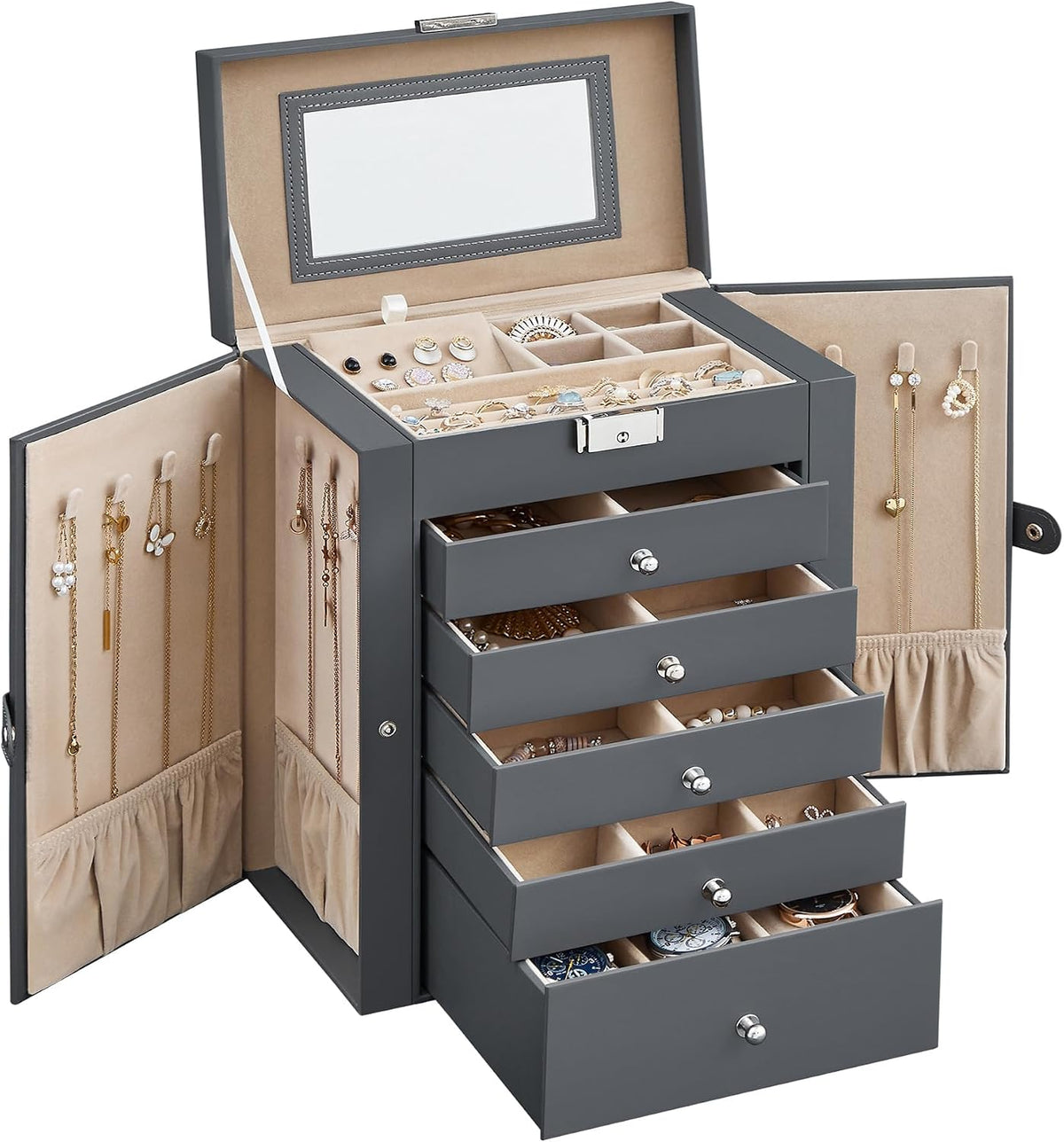 SONGMICS 6-Layer Jewelry Box Organizer with 5 Drawers, Lock and Mirror