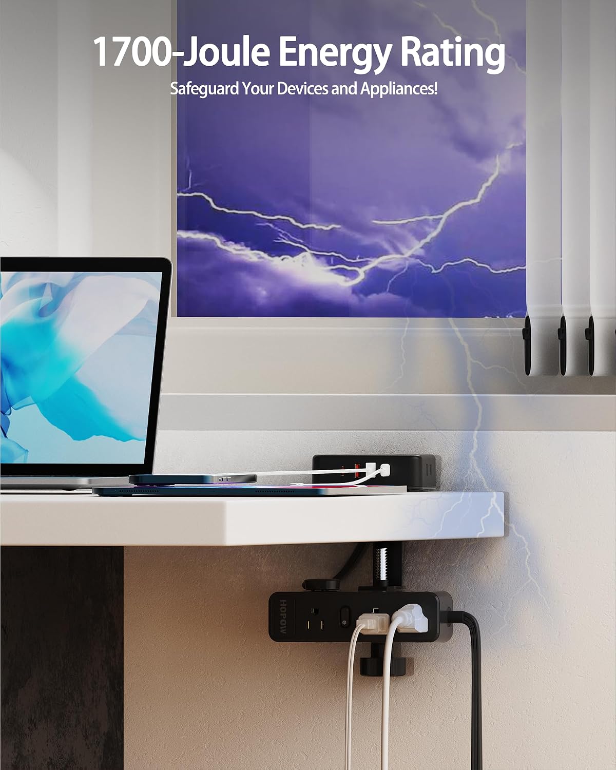 HOPOW Dual Layer Desk Clamp Power Strip, 13 Outlets 4 USB, 10FT Cord, Black