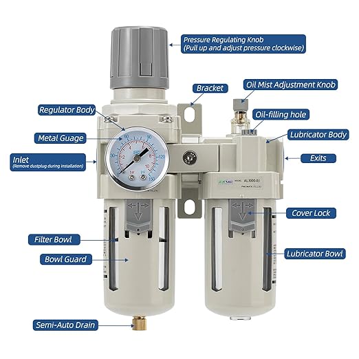 3/8" NPT Compressed Air Filter Regulator Lubricator Combination, Water/Oil Trap