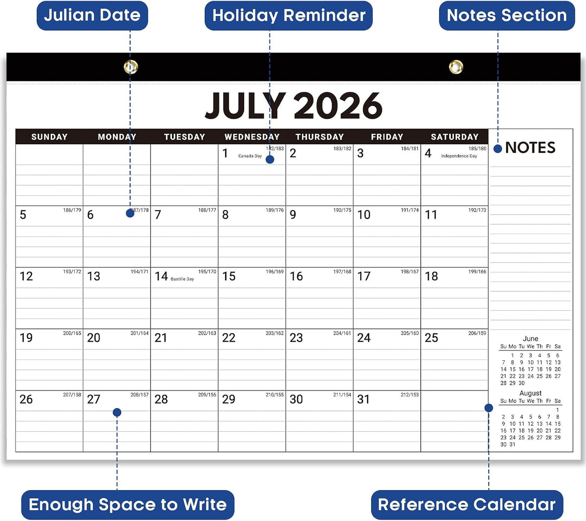 Taja 6 Pack of Desk Calendar 2026-2027, Jul 2026-Dec 2027, 17" x 12"