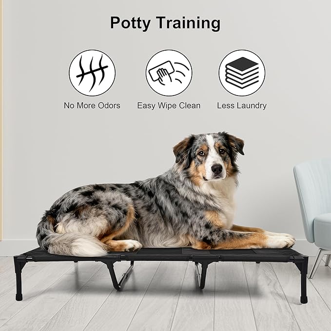 Raised Dog Bed Cooling Cot for Indoor Outdoor Use Portable Waterproof Mesh Pet Bed Washable for Large Medium Small Dogs, Black