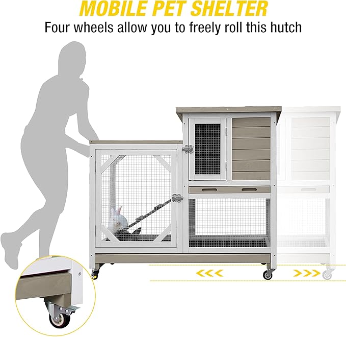 Aivituvin Upgrade Rabbit Hutch Rabbit Cage Indoor Bunny Hutch with Run Outdoor Rabbit House with Two Deeper No Leak Trays - 4 Casters Include (Mocca Color Without Bottom Wire Netting)