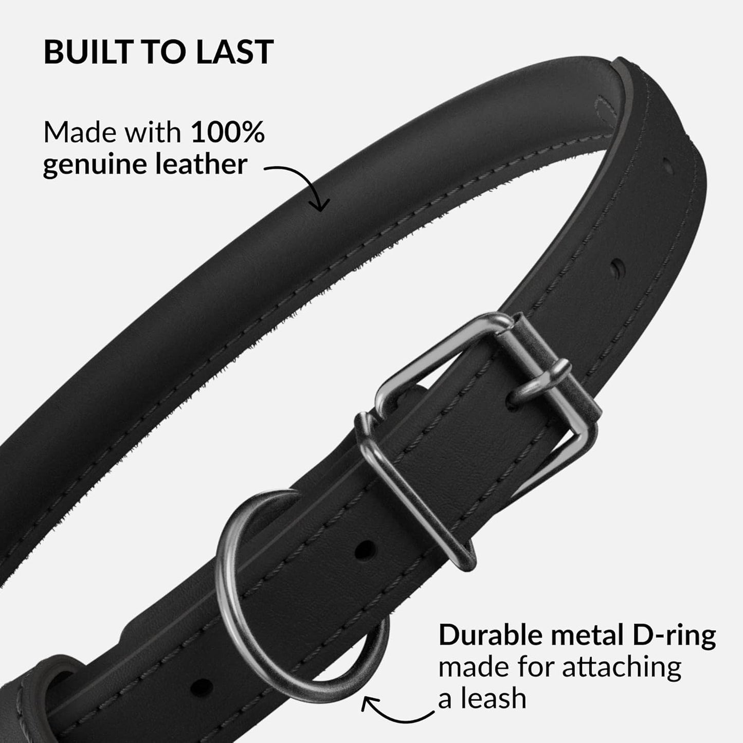 CollarDirect Rolled Leather Dog Collar, Soft Padded Round Puppy Collar, Handmade Genuine Leather Collar Dog Small Large Cat Collars 13 Colors (13-16 Inch, Black Smooth)