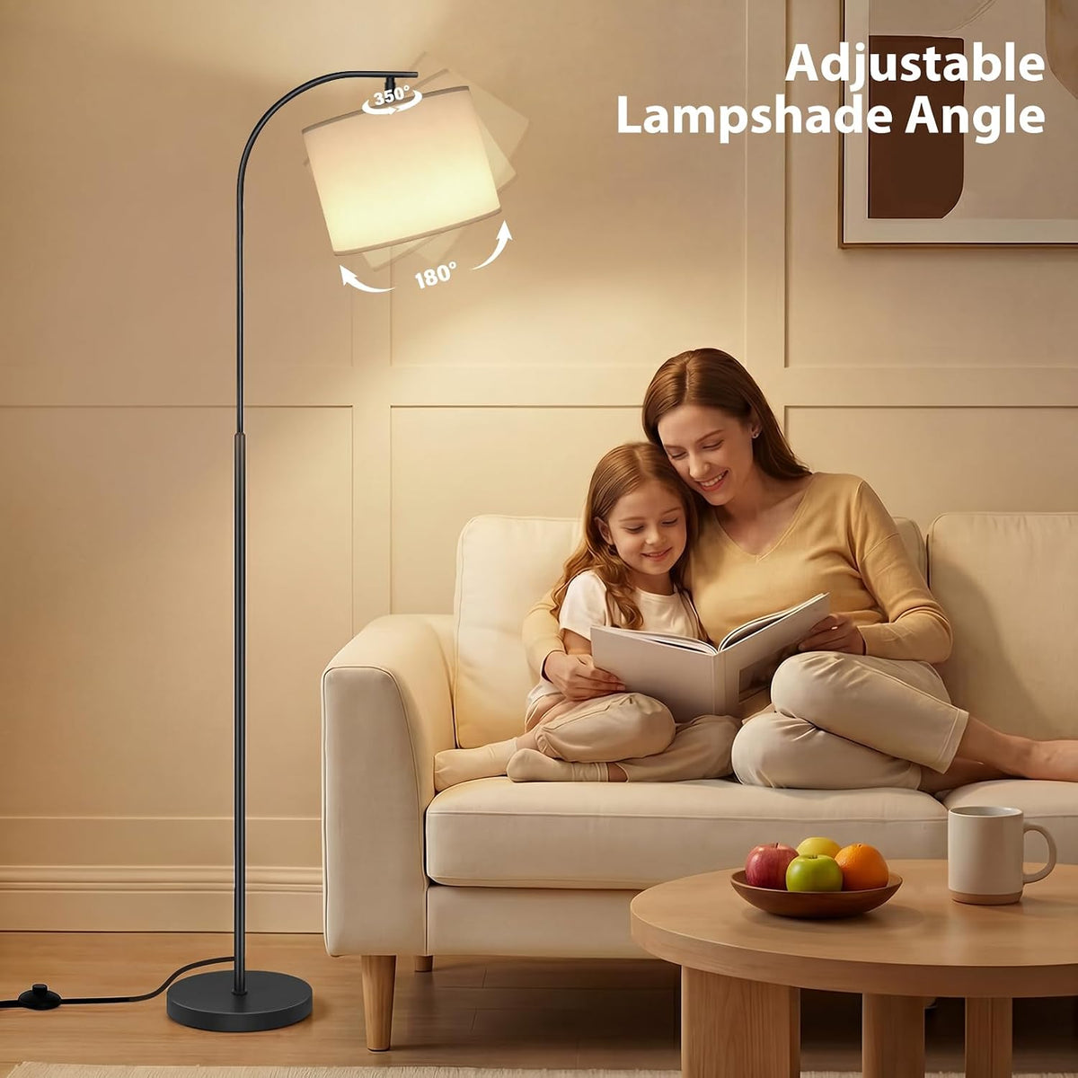 SIBRILLE Floor Lamp with Linen Shade, Arc Dimmable Tall Standing Lamp with Remote Control, Modern Floor Reading Light for Living Room Bedroom Office Corner, 9W LED Bulb Included