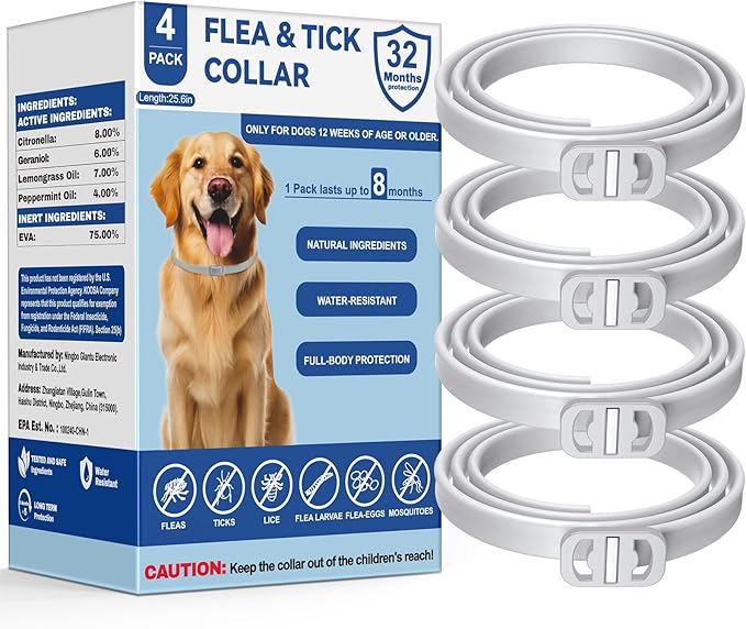 Flea and Tick Collar for Dogs, 4 Packs Flea Collar for Dogs with Natural Essential Oils, Waterproof & Adjustable Flea and Tick Prevention Collar for Small Medium Large Dogs & Puppies, Grey