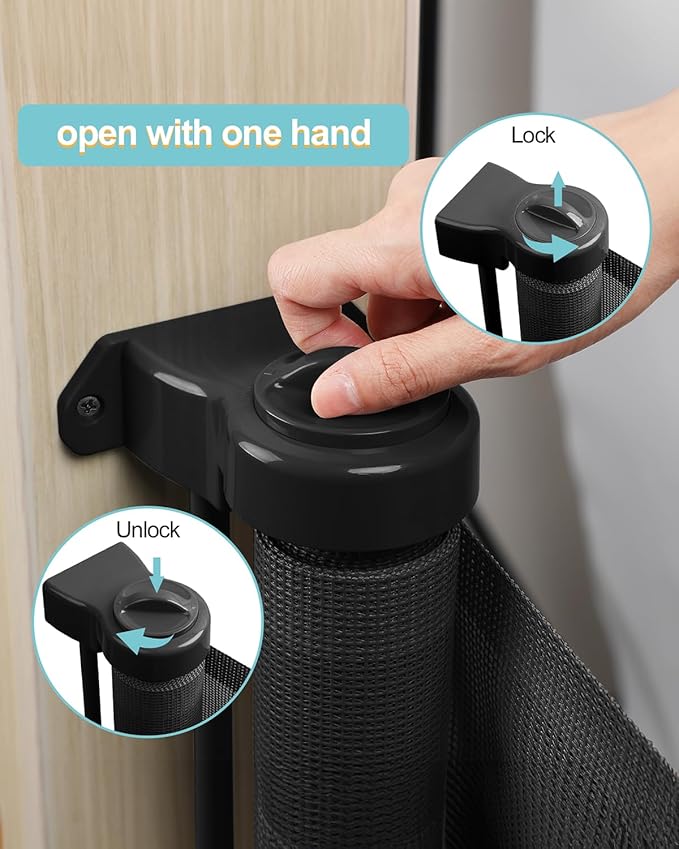 Retractable Baby Gate for Stairs – 33” Height, Expands up to 118” Width – Safety Gate for Infants, Toddlers, Dogs & Pets – Easy Install, Secure Closure, Black Mesh Design for Indoor & Outdoor Use