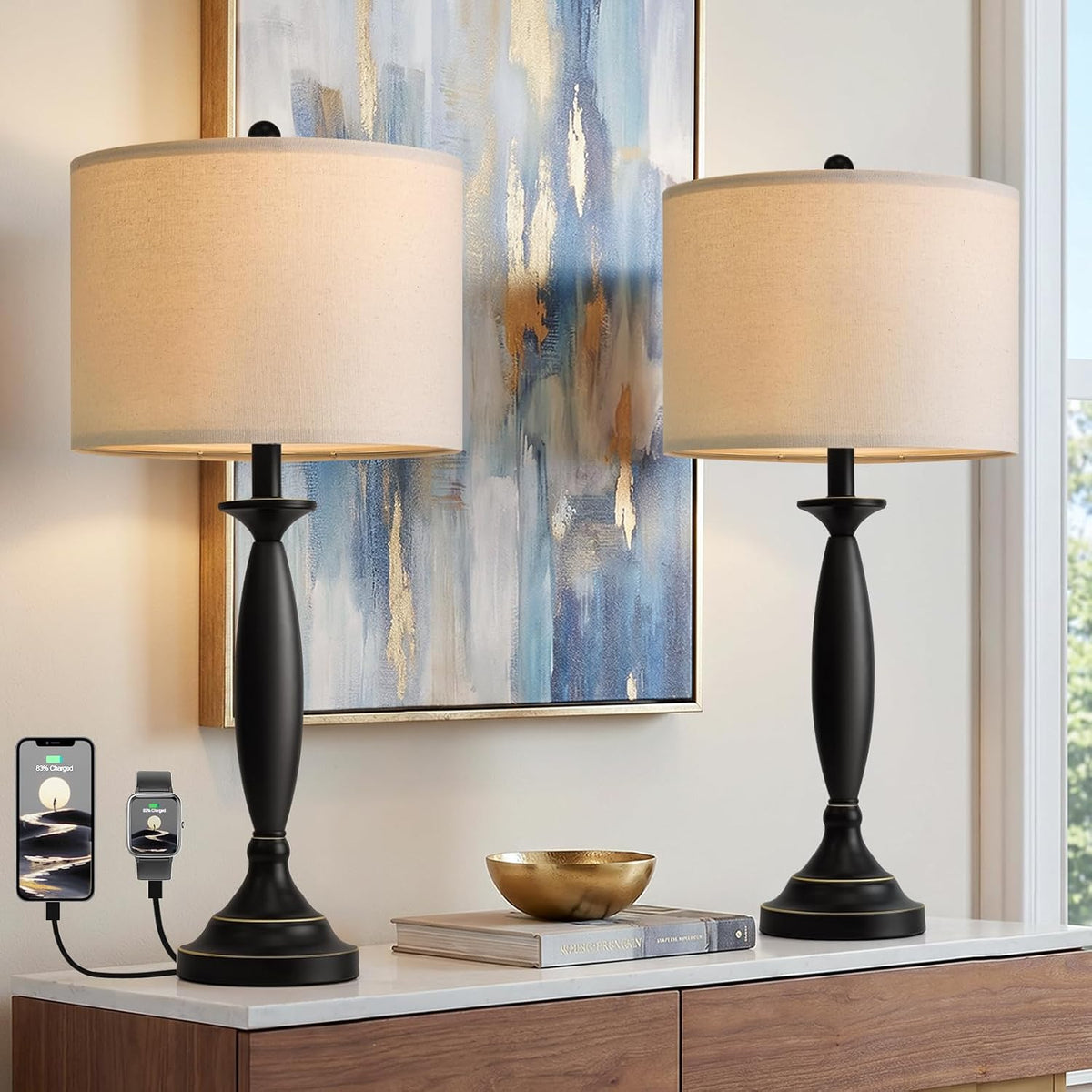 Oneach 28" Modern Table Lamps Set of 2 for Living Room Bedroom, USB Ports
